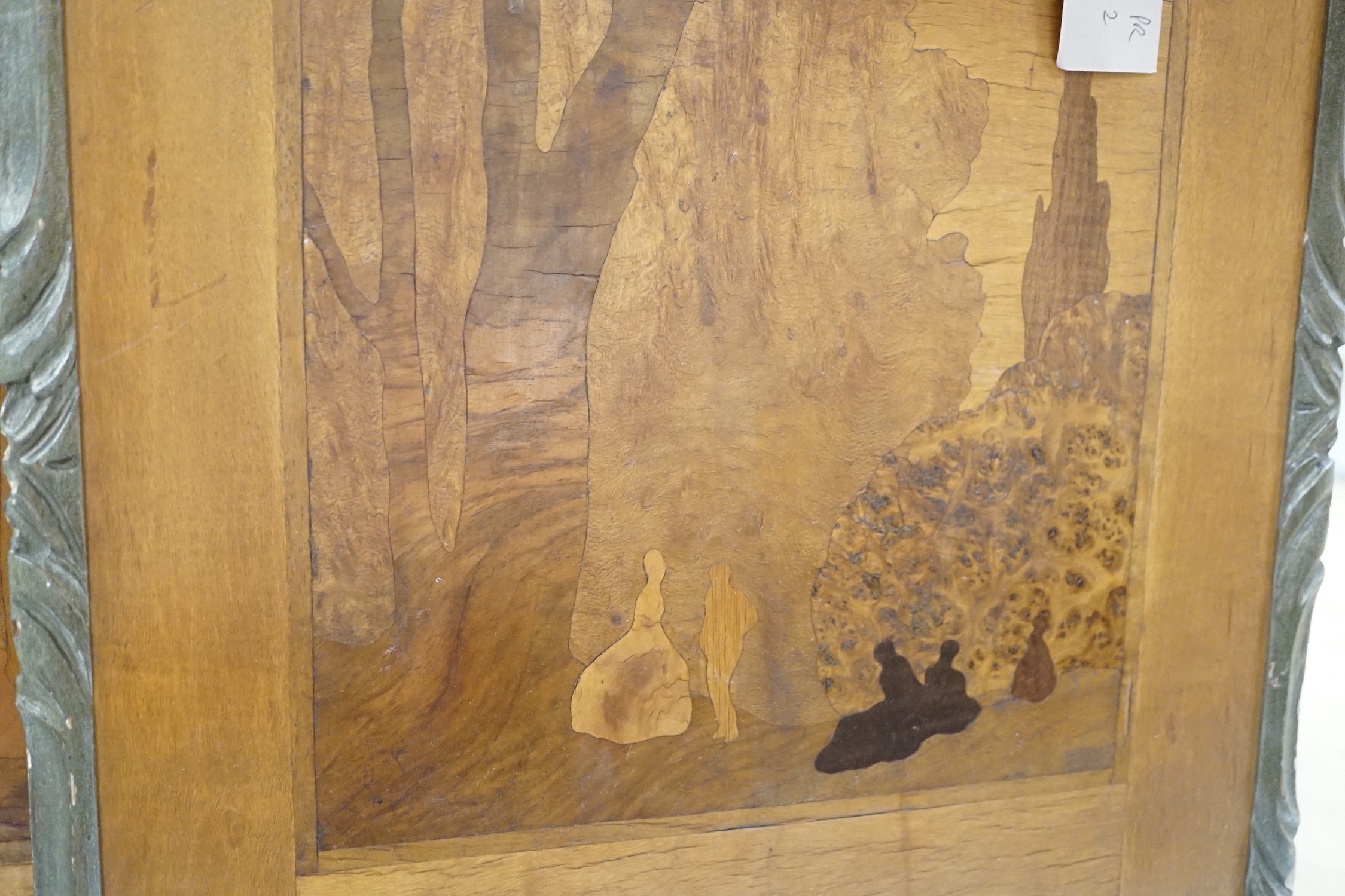 A pair of Rowley Gallery marquetry panels, one bears Liberty retailer's label verso, 37cms wide x 39.5 cms high
